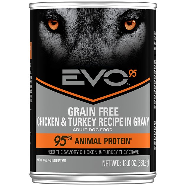 EVO 95 Adult Dog Grain Free Chicken & Turkey Recipe in Gravy Canned Dog Food 13-oz, case of 12