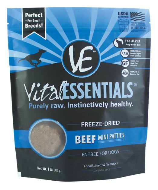 Vital Essentials Beef Entree Mini Pet Patties Grain-Free Freeze-Dried Dog Food, 1-lb bag