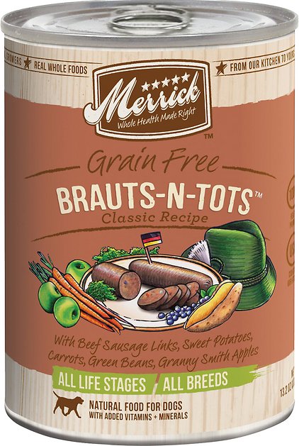 Merrick Classic Grain-Free Brauts-n-tots Recipe Canned Dog Food, 13.2-oz, case of 12