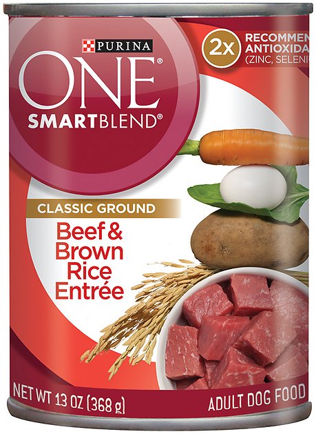 Purina ONE SmartBlend Classic Ground Beef & Brown Rice Entree Adult Canned Dog Food, 13-oz, case of 12