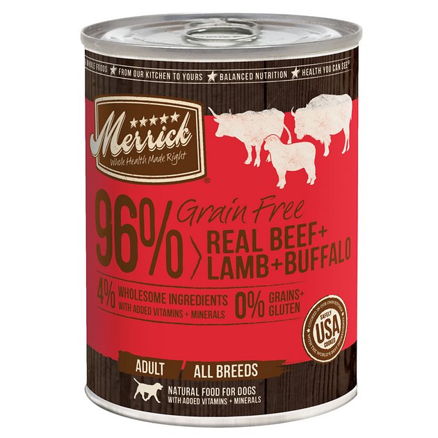 Merrick Grain-Free 96% Real Beef, Lamb + Buffalo Canned Dog Food, 13.2-oz, case of 12