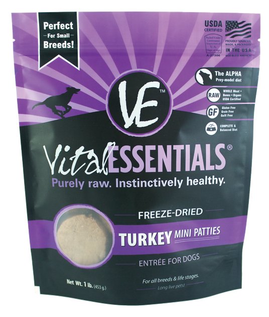 Vital Essentials Turkey Entree Mini Patties Grain-Free Freeze-Dried Dog Food, 1-lb bag