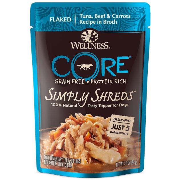 Wellness CORE Simply Shreds Grain-Free Tuna, Beef & Carrots Wet Dog Food Topper, 2.8-oz, case of 12